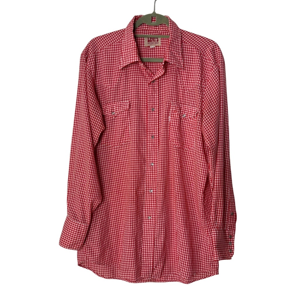 Vintage Levis Western Shirt Mens 17.5x35 Red Gingham Pearl‎ Snap USA Made 50300
